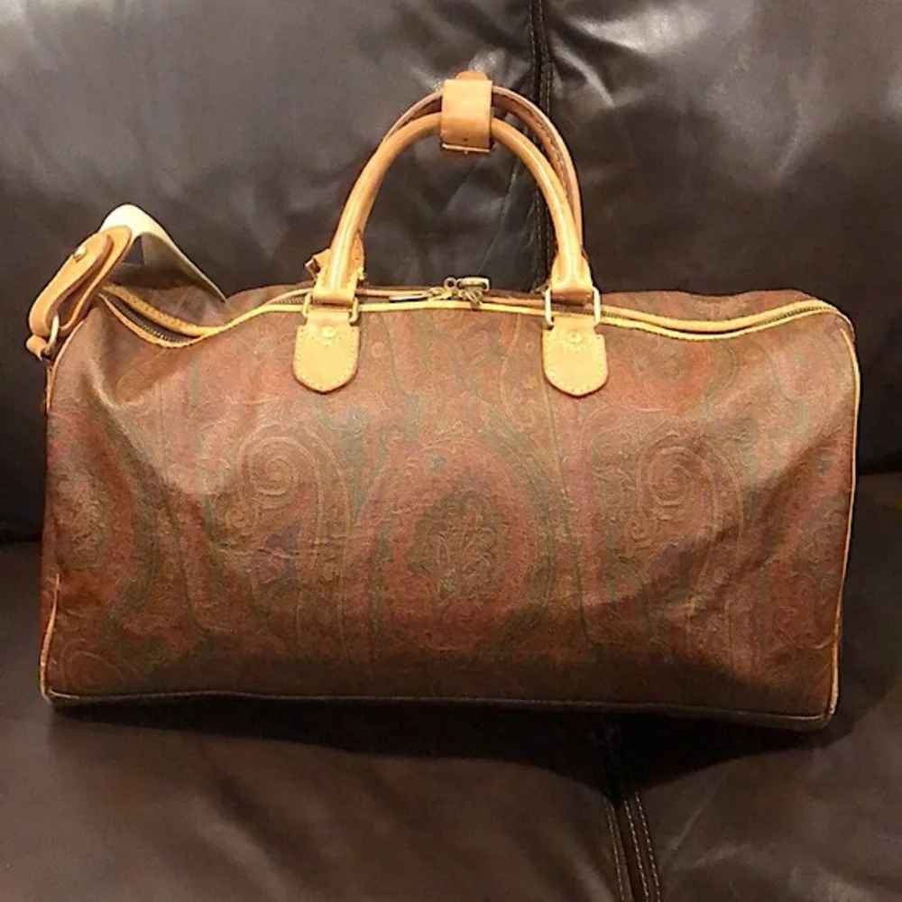 ETRO MILANO Paisley Coated Canvas Vachetta Leather Boston Shoulder Weekend Bag - Picture 3 of 16